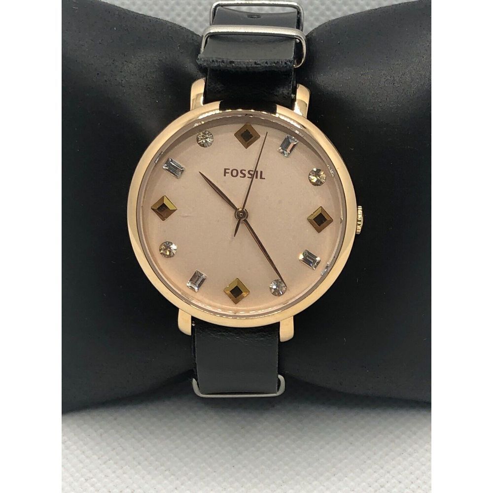 Fossil ES4473 Womens Black Leather Analog Rose Gold Dial Quartz Wrist Watch OL63
